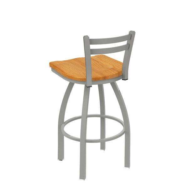 25 Low Back Swivel Counter Stool,Nickel Finish,Med Oak Seat